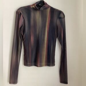 Bailey 44 Sheer Mesh Top XS Mock Neck Multi Color Long Sleeve Abstract Print